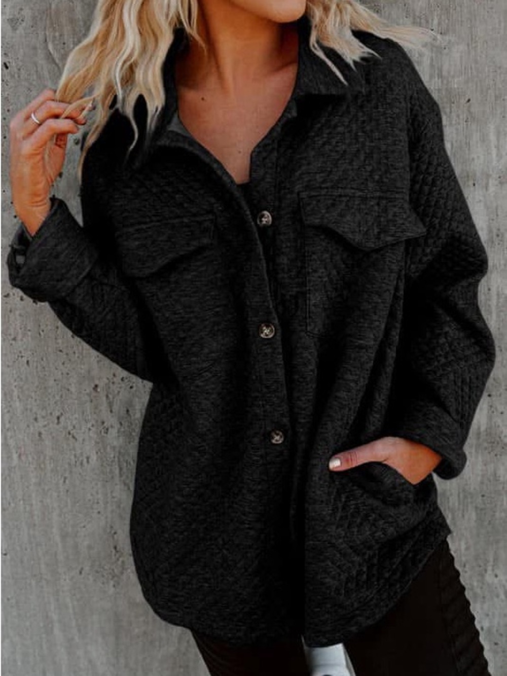 Women's Black Quilted Button-Up Shirt Jacket